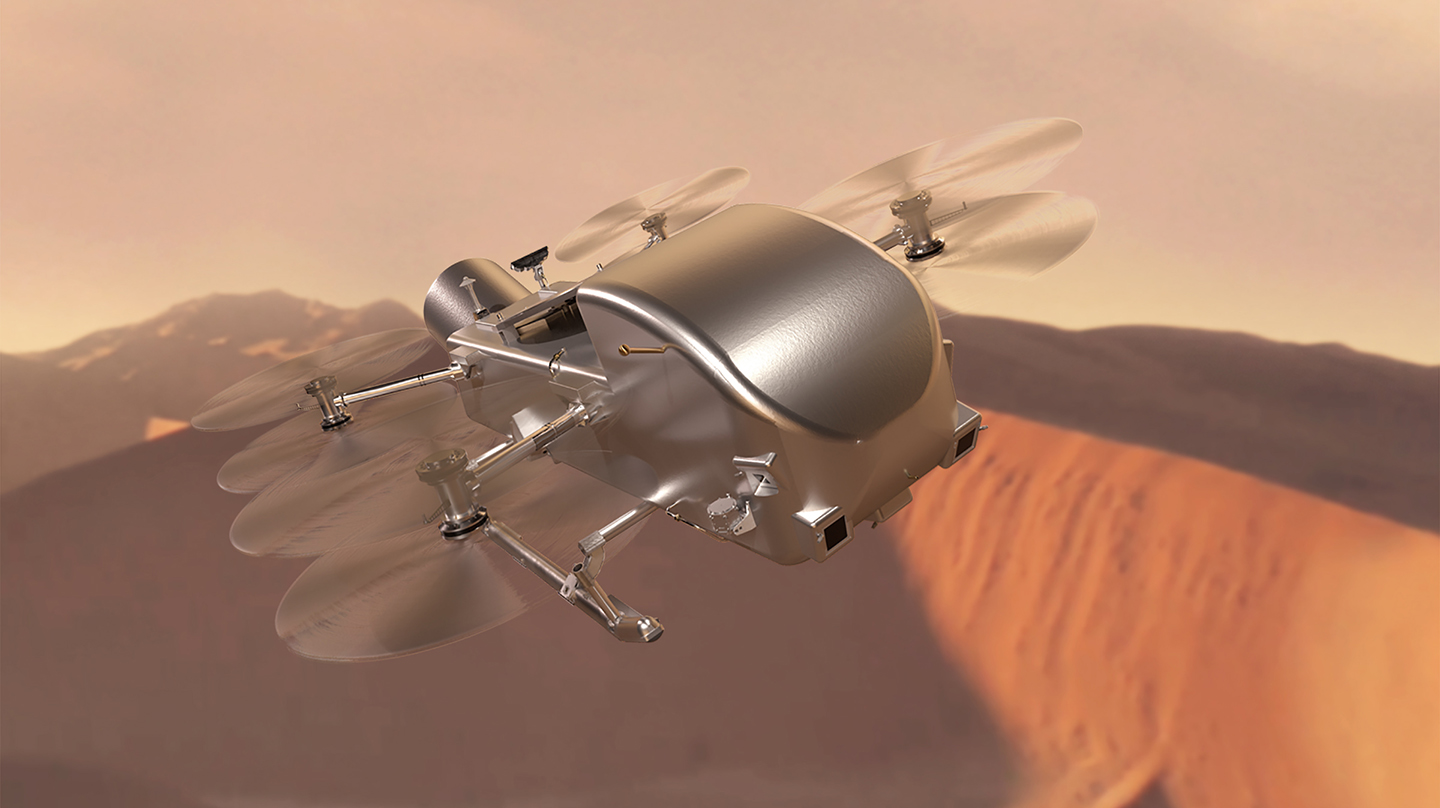 Artist’s impression of Dragonfly soaring over the dunes of Saturn’s moon Titan.