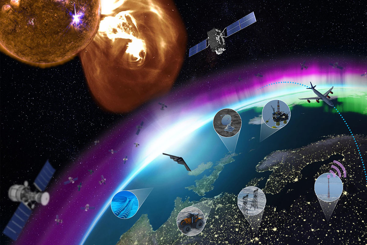 An image collage shows the various technologies and people, both on the ground and in space, susceptible to space weather. A coronal mass ejection and solar flare emerging from the Sun on the left illustrate some of the more extreme causes of space weather. (Credit: Johns Hopkins APL)