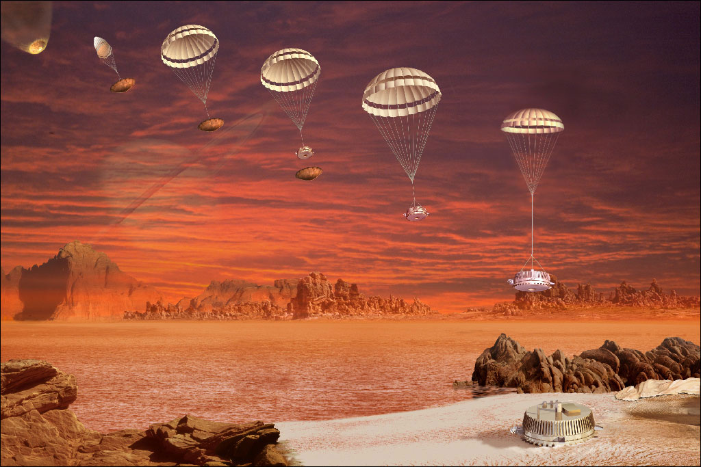This image is an artist's impression of the descent and landing sequence followed by the European Space Agency's Huygens probe to Saturn's moon Titan.
