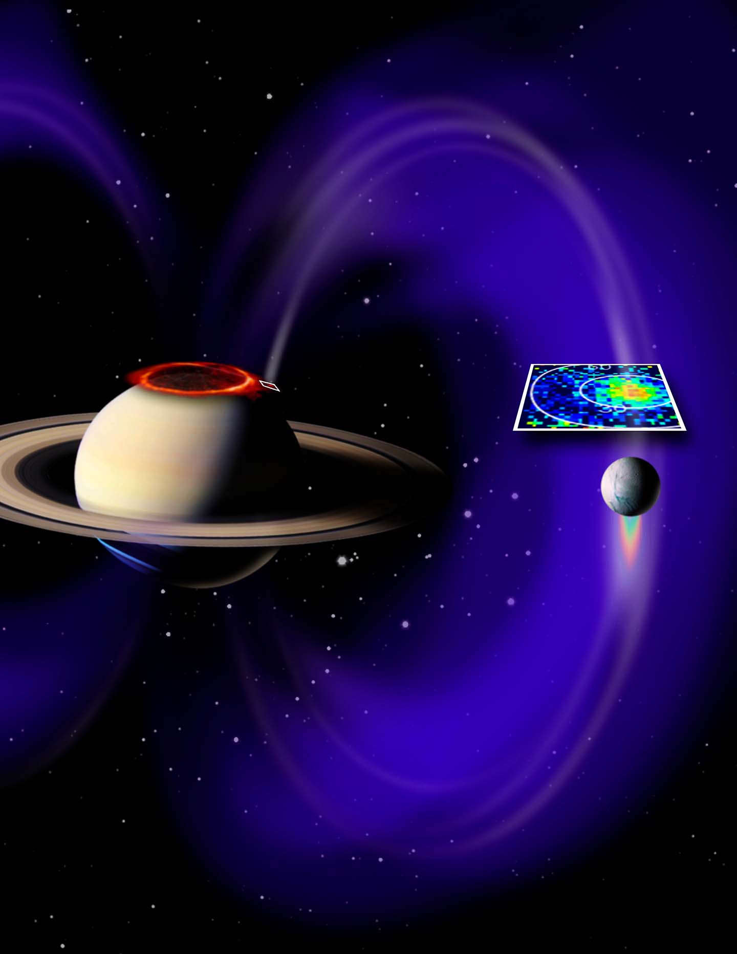This artist's concept shows a glowing patch of ultraviolet light near Saturn's north pole that occurs at the “footprint” of the magnetic connection between Saturn and its moon Enceladus.