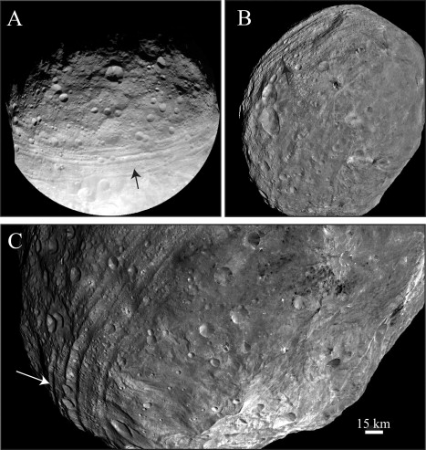Images of the grooves on Vesta from the Dawn spacecraft
