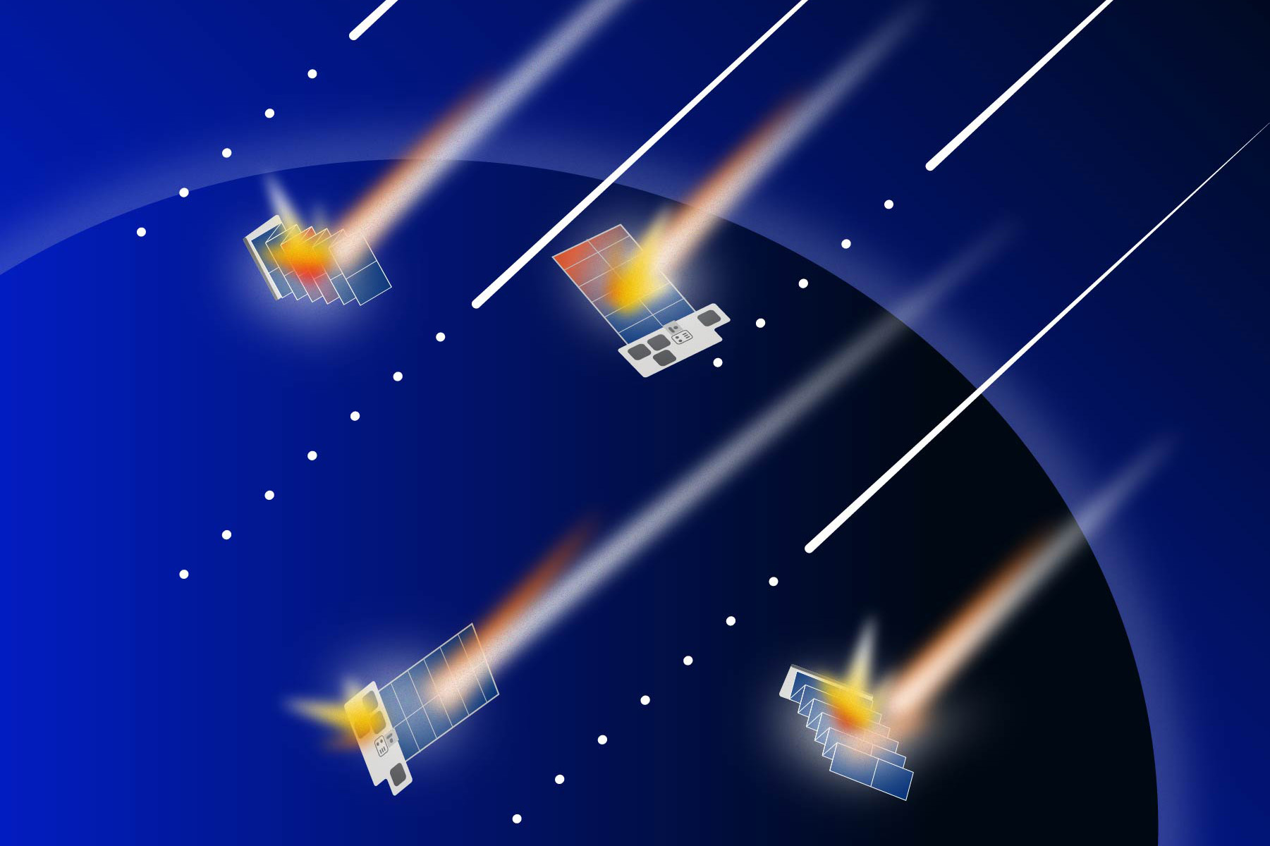 Illustration of satellites burning up in the atmosphere due to a geospace storm
