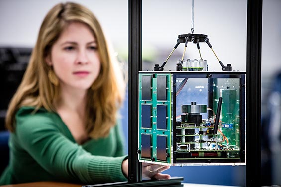 Woman interacting with device