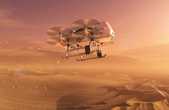 Artist’s impression of the Dragonfly rotorcraft-lander, moving between investigation sites on the surface of Saturn’s moon Titan.