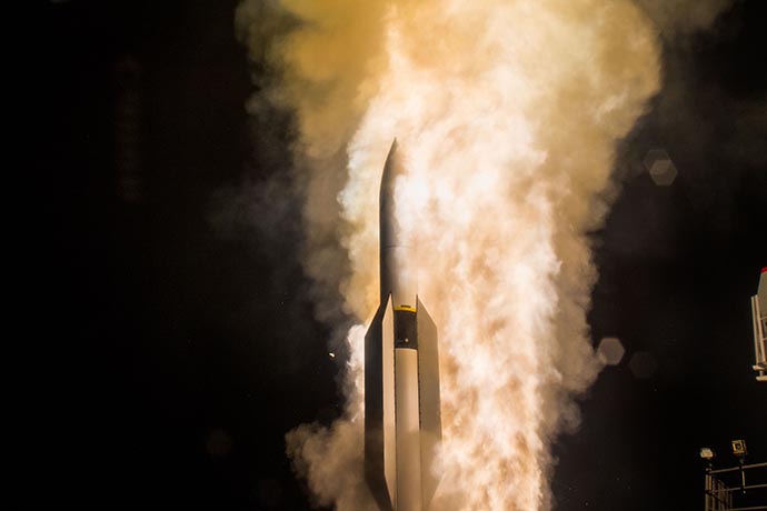 A team of APL engineers, working with the Missile Defense Agency and sailors aboard USS John Paul Jones (DDG 53), an Aegis baseline 9.C1 equipped destroyer, successfully fired a salvo of two SM-6 Dual I missiles against a complex medium-range ballistic missile target, demonstrating the Sea Based Terminal endo-atmospheric defensive capability and meeting the test’s primary objective. (Credit: MDA)