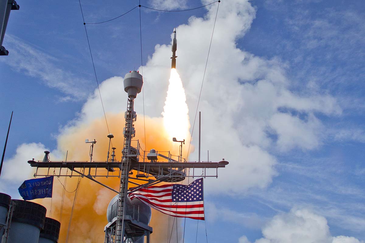 September 18, 2013: An SM-3 Block 1B interceptor is launched from the USS Lake Erie during an MDA test and successfully intercepted a complex short-range ballistic missile target off the coast of Kauai, Hawaii. (Credit: MDA)