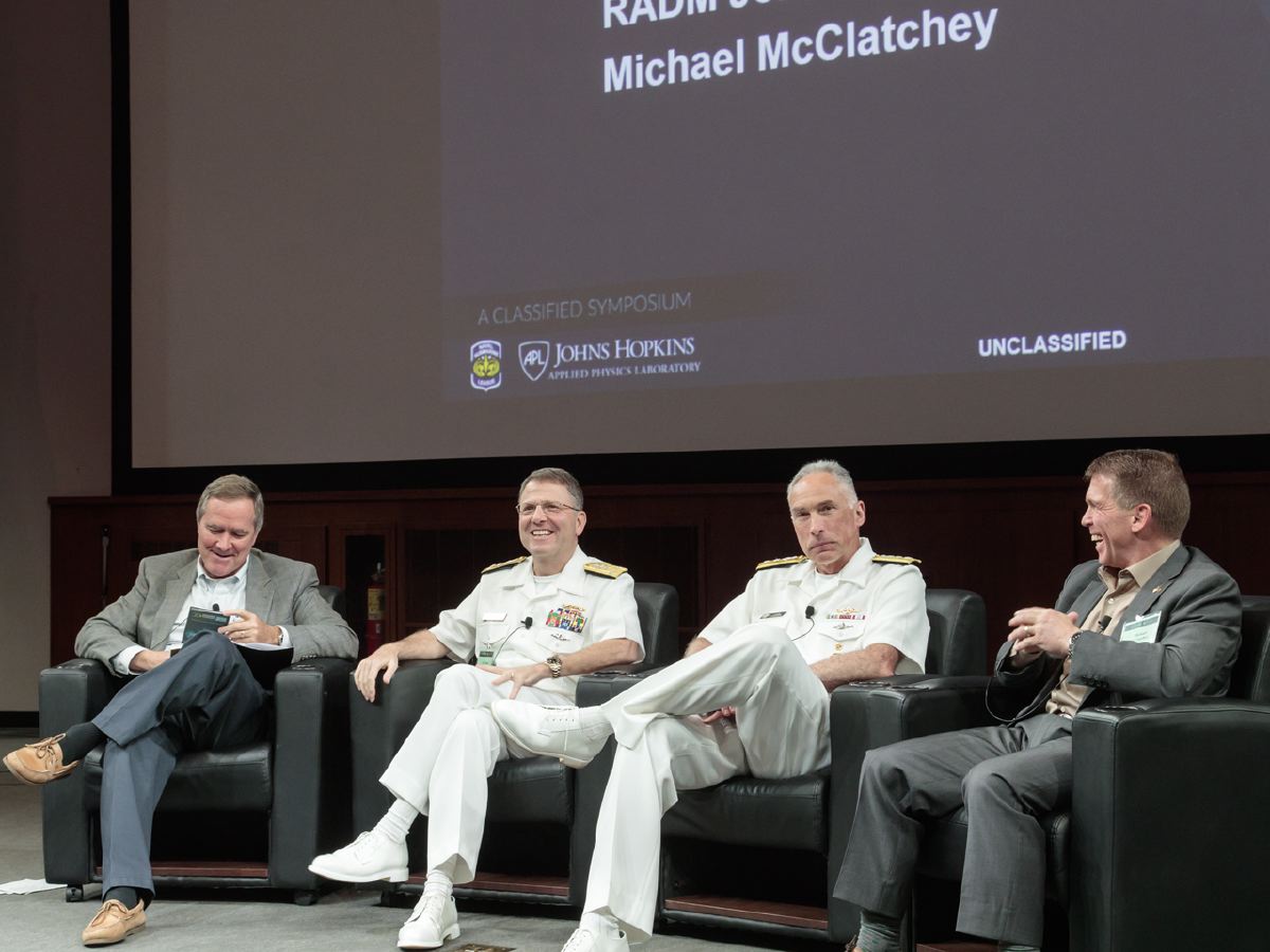 Vice Adm. (Ret.) Michael Connor, STS chair for NSL; Vice Adm. Joseph Tofalo, commander, Submarine Forces; Rear Adm. John Tammen, director, Undersea Warfare Office, CNO N97; and Michael McClatchey, director, Advanced Undersea Integration, NAVSEA 07