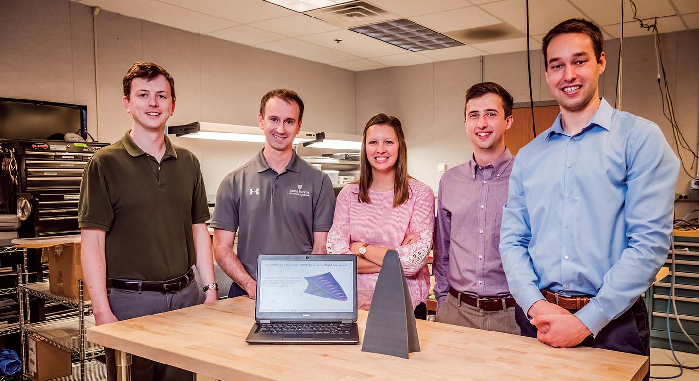 From left to right: Dennis Berridge (APL), Brad Wheaton (APL), Heather Kostak (Texas A&M), Greg McKiernan (Purdue University) and John Thome (University of Minnesota)