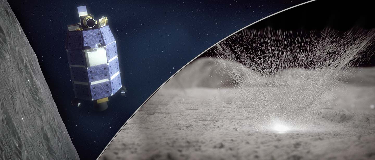 Artist’s concept of the LADEE spacecraft (left) detecting water vapor from meteoroid impacts on the Moon (right).