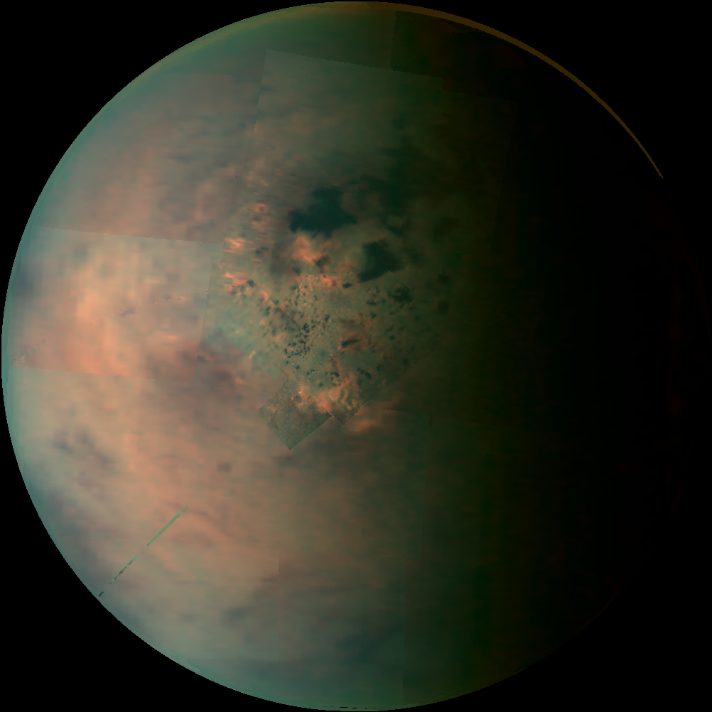 This infrared-color mosaic of data from the Cassini Visual and Infrared Mapping Spectrometer (VIMS) shows the north pole of Titan