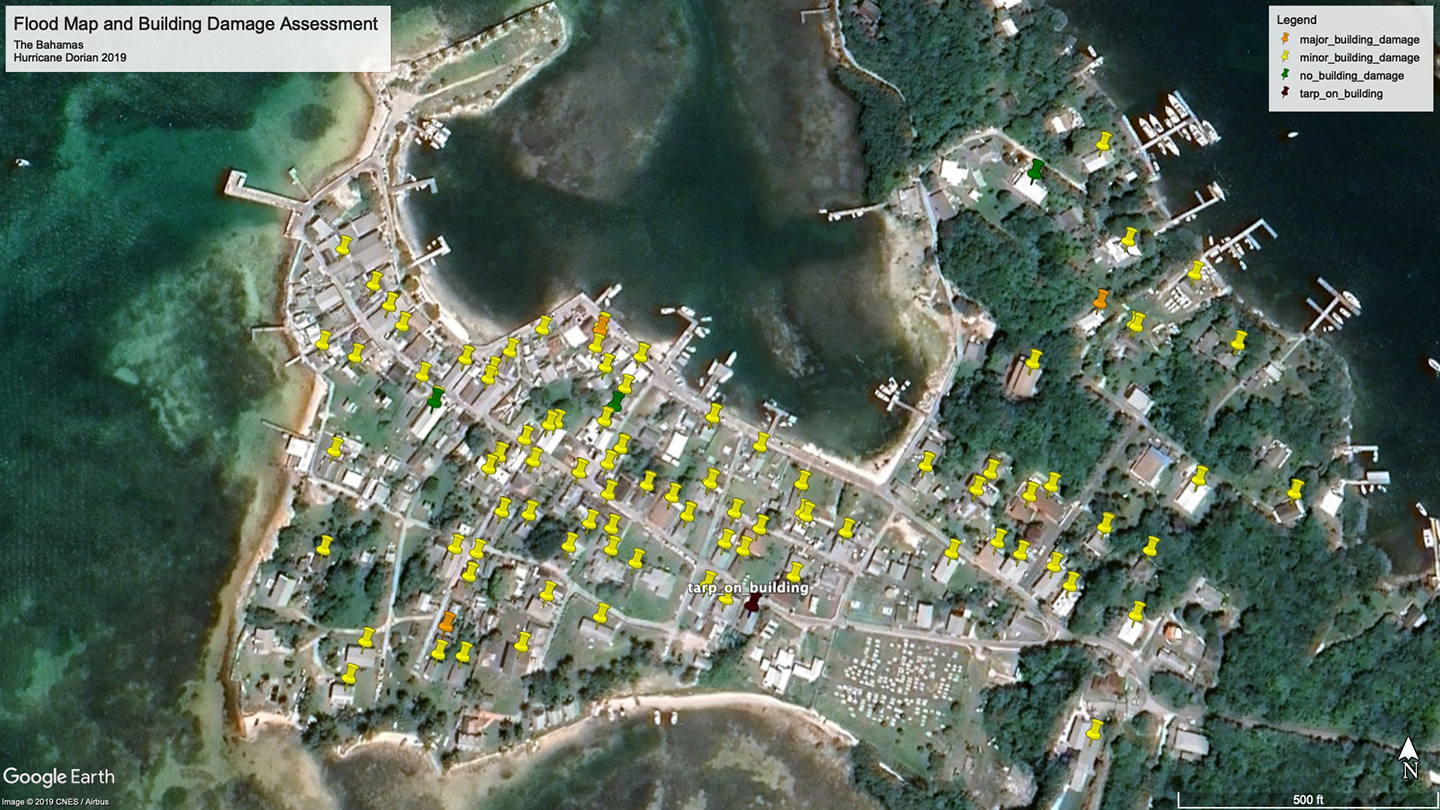 A screenshot of the results from the building damage assessment deep learning algorithm processed over images from Freeport, Bahamas, on the Grand Bahamas Island