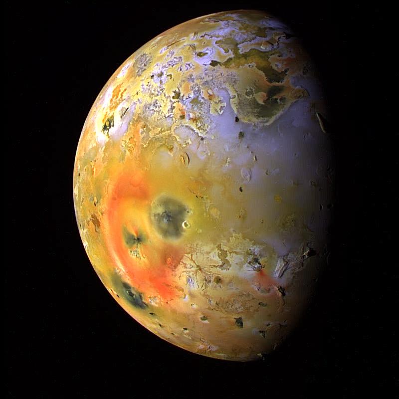 This enhanced color composite image of Jupiter’s moon Io from NASA’s Galileo spacecraft vividly shows deposits of sulfur across the surface