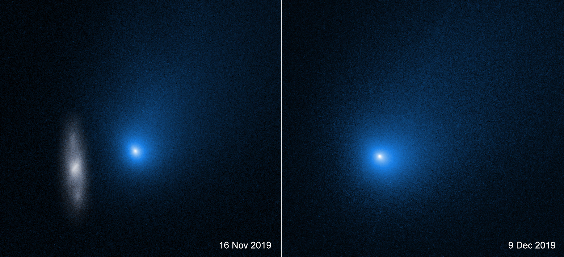 Comet 2I/Borisov, captured here in two separate images from NASA’s Hubble Space Telescope, including one with a background galaxy (left), is the second interstellar object known to enter our solar system. 
