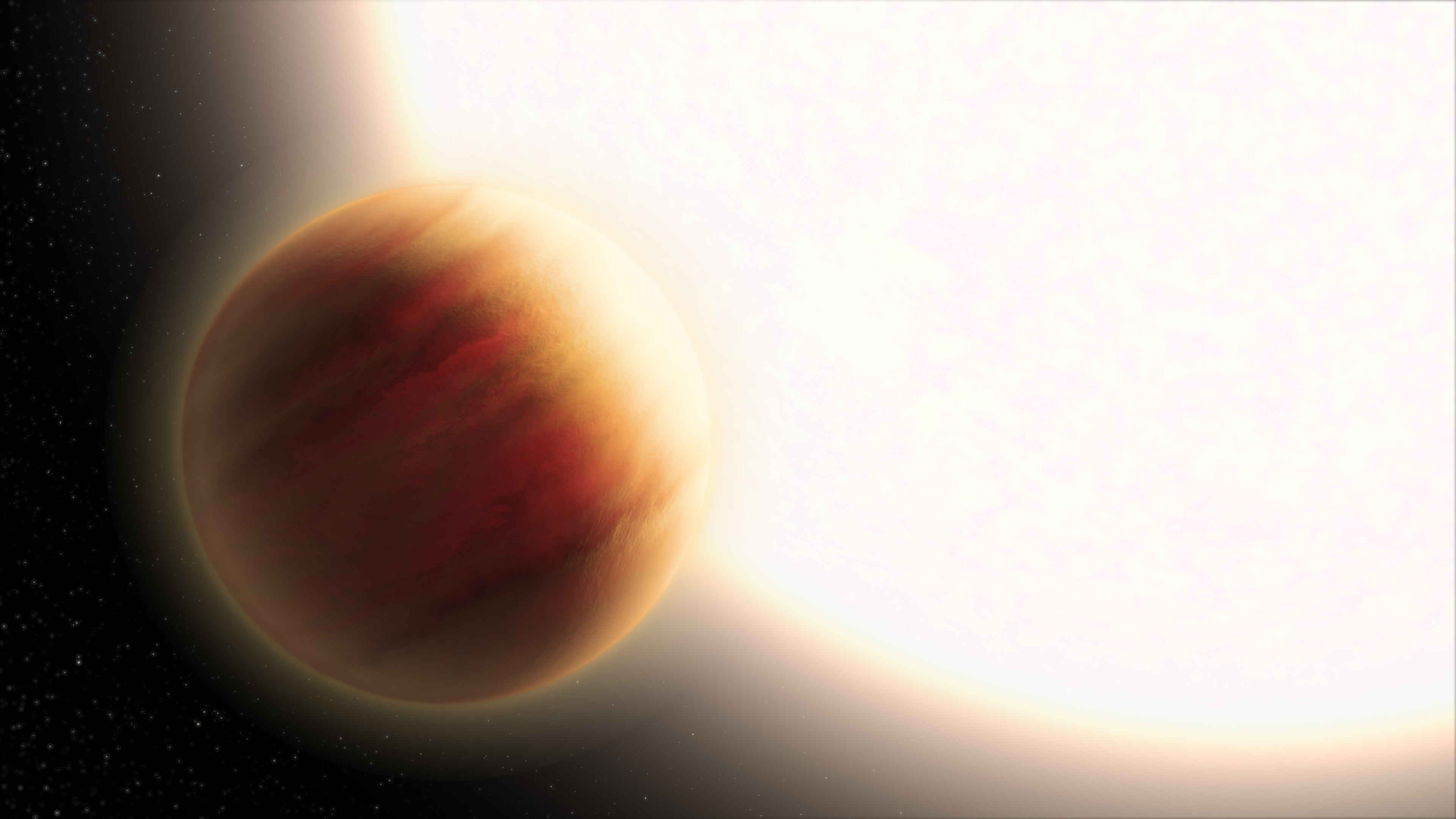 An artist’s illustration of WASP-79b, a “hot Jupiter” exoplanet with a strange — and so far unexplainable — phenomenon happening in its atmosphere.