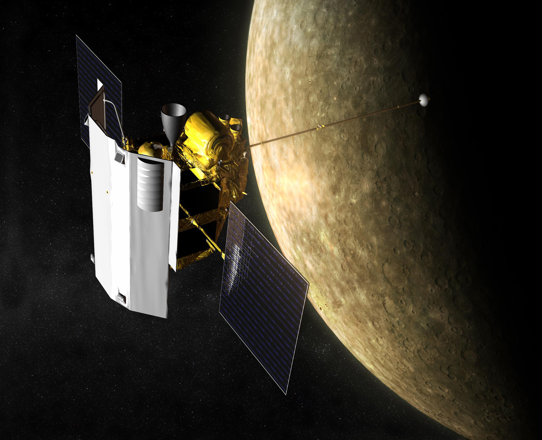 Artist’s impression of NASA’s MErcury Surface, Space ENvironment, GEochemistry, and Ranging (MESSENGER) spacecraft in orbit at Mercury