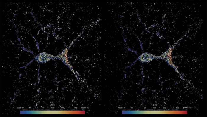 Stereoscopic video pair showing the gravitational collapse of debris into a top-shaped asteroid after the collision of a parent asteroid.