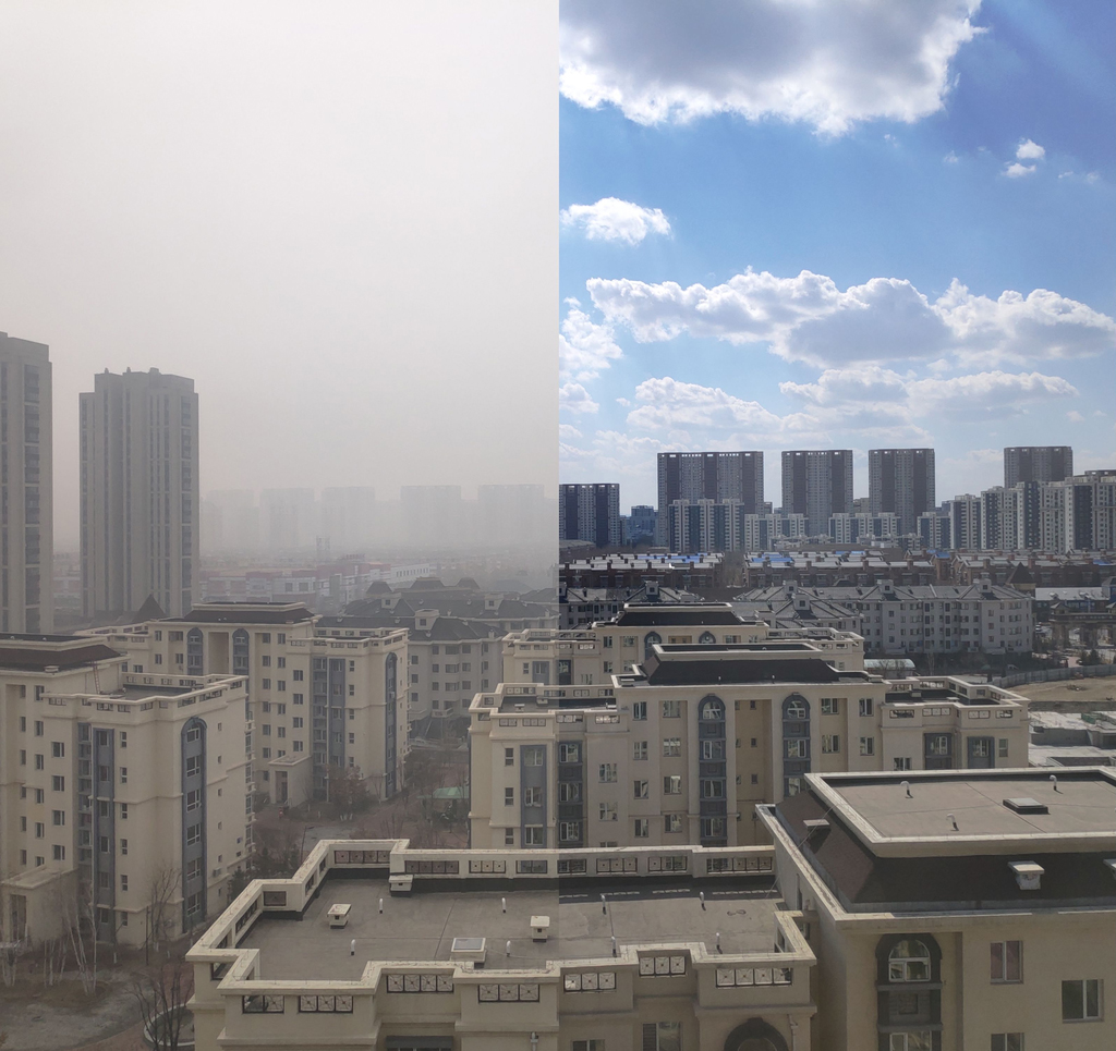 Images taken 10 days apart compare air pollution in Tieling, China, in March 2019. A new proposed instrument will be able to track air pollution levels with unprecedented detail.  Credit: Tomskyhaha, CC BY-SA 4.0