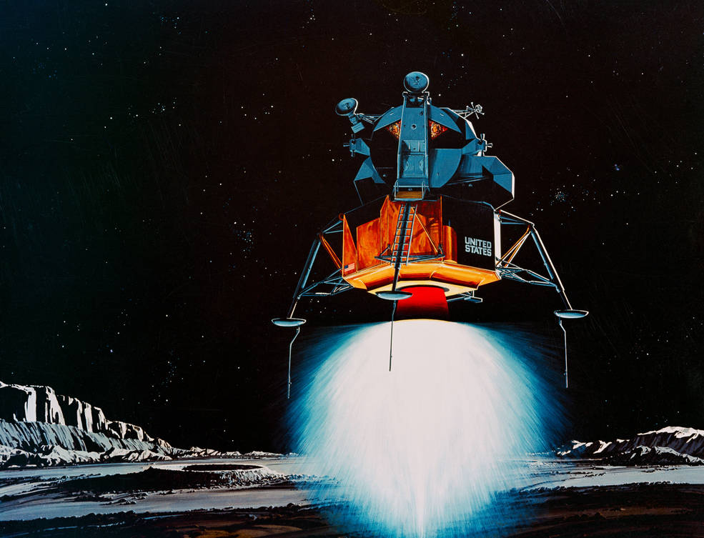 An artist’s concept from 1969 depicts a lunar module descending to the Moon’s surface. Because of the Moon's very thin atmosphere, the exhaust expands significantly and can remain in the atmosphere for months.  Credit: NASA/Johnson Space Center