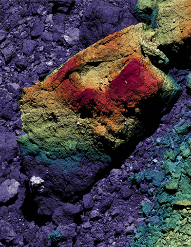 This composite image of a boulder on Bennu’s surface shows the cascading rim of one of the asteroid’s ancient craters that originated while Bennu resided in the asteroid belt