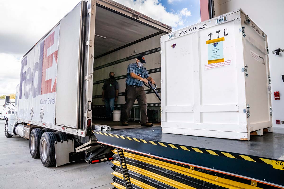 The Lucy LORRI instrument was placed in a climate-controlled truck for transportation across the country to Lockheed Martin