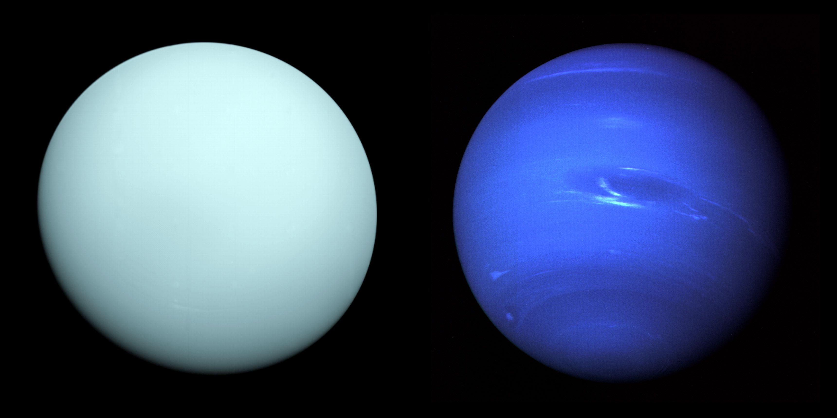 Images of our solar system’s ice giants, Uranus (left) and Neptune (right), from NASA’s Voyager 2, the only spacecraft to ever explore these planets. The image of Neptune shows the Great Dark Spot and its accompanying bright smudge.  Credit: Left, NASA/JPL-Caltech; right, NASA