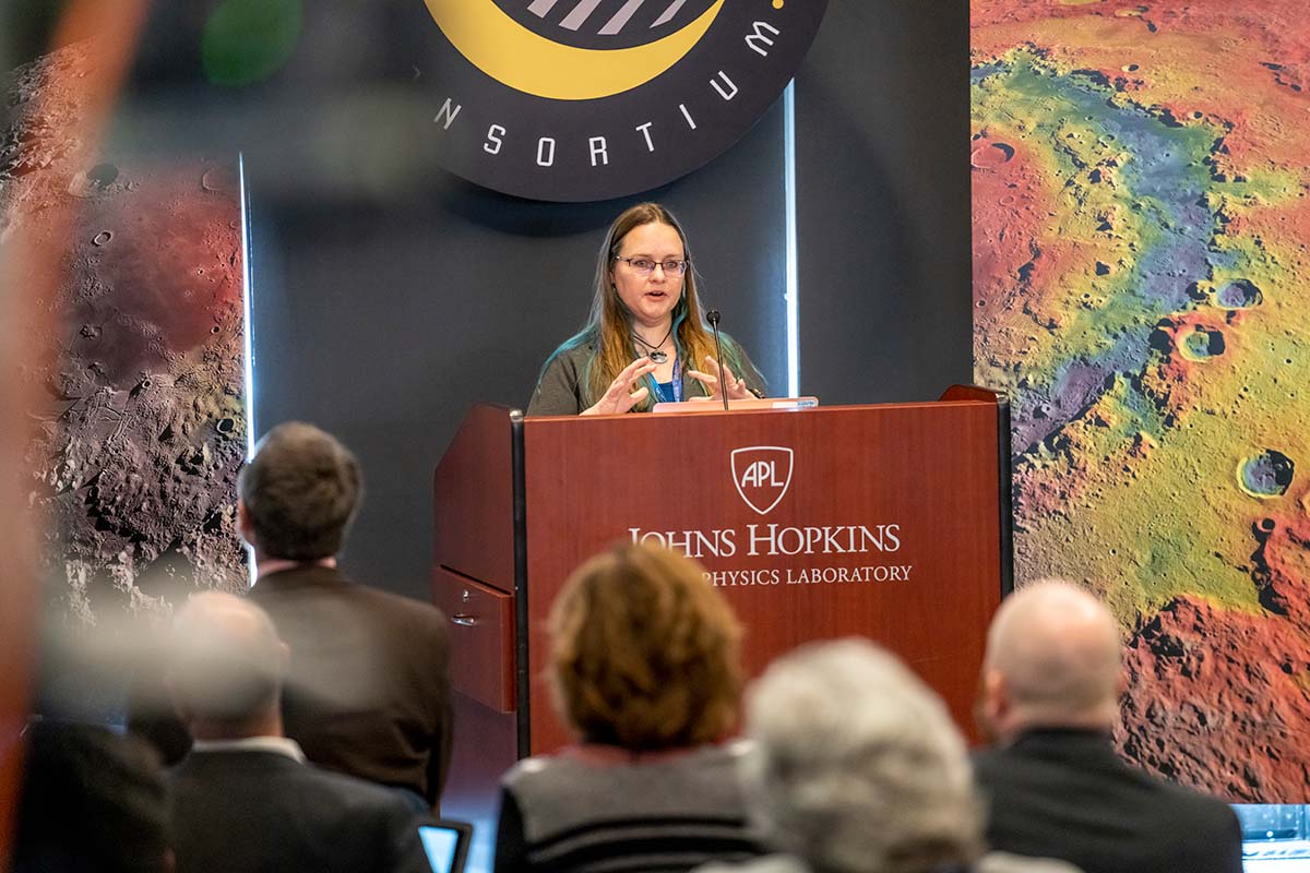 Rachel Klima, an APL planetary geologist and the director of LSIC, addresses the audience during LSIC’s kickoff meeting in February 2020