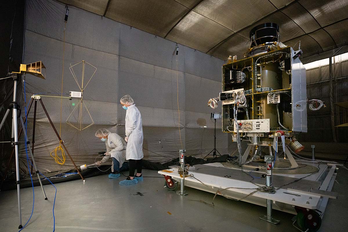 The DART spacecraft undergoes electromagnetic interference testing