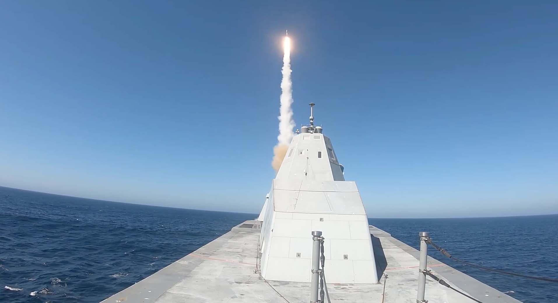 The USS Zumwalt (DDG 1000) successfully executed the first live-fire test of the Mark 57 Vertical Launching System with a Standard Missile-2 (SM-2) on the Naval Air Warfare Center Weapons Division Sea Test Range, Point Mugu, on Oct. 13.