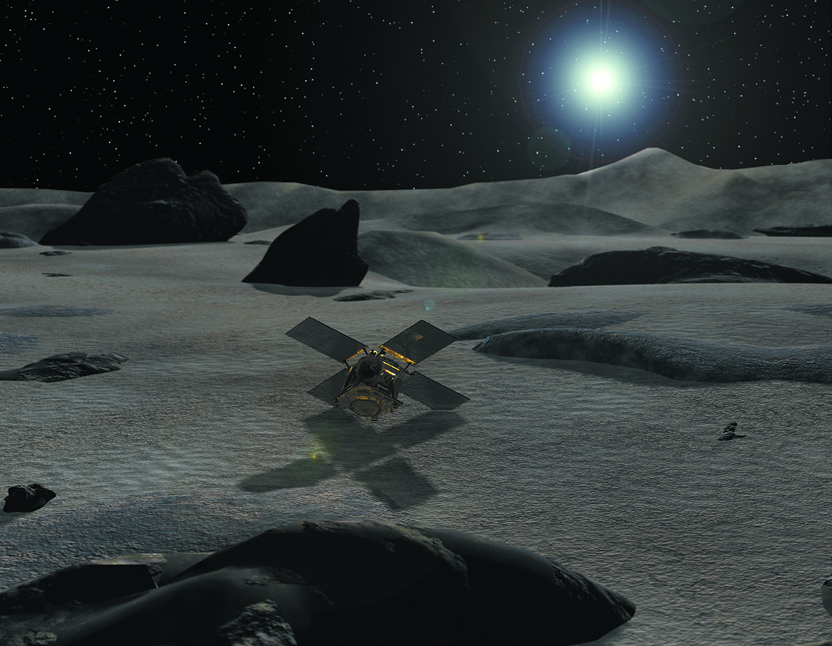 Artist’s impression of the NEAR Shoemaker spacecraft on the surface of Eros.
