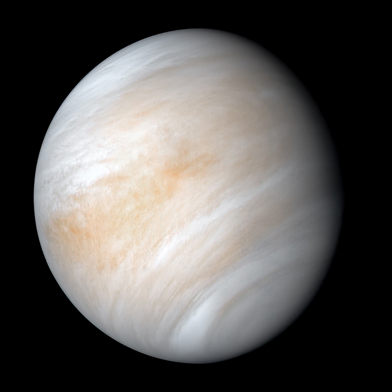 NASA’s Mariner 10 spacecraft captured this image of Venus, which has been enhanced to show the planet’s sulfuric acid clouds in greater detail.