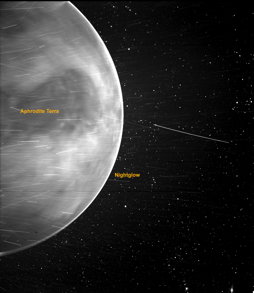 Parker Solar Probe’s WISPR instrument, short for Wide-field Imager for Parker Solar Probe, detected a bright rim around the edge of the planet that may be nightglow — light emitted by oxygen atoms high in the atmosphere that recombine into molecules in the nightside. 