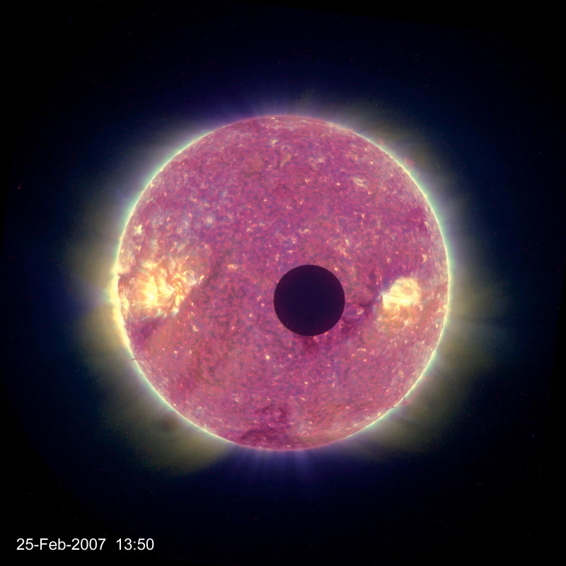 A 2007 image from the APL-built STEREO B spacecraft of the Moon crossing in front of the Sun.