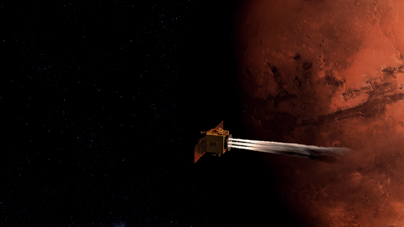 Artist’s impression of the Hope spacecraft moving into orbit at Mars on Feb. 9.
