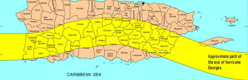 Map showing the path of the eye of Hurricane Georges