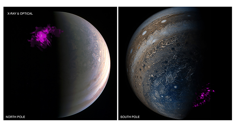 Overlaid images of Jupiter’s pole from NASA’s satellite Juno and NASA’s Chandra X-ray telescope.