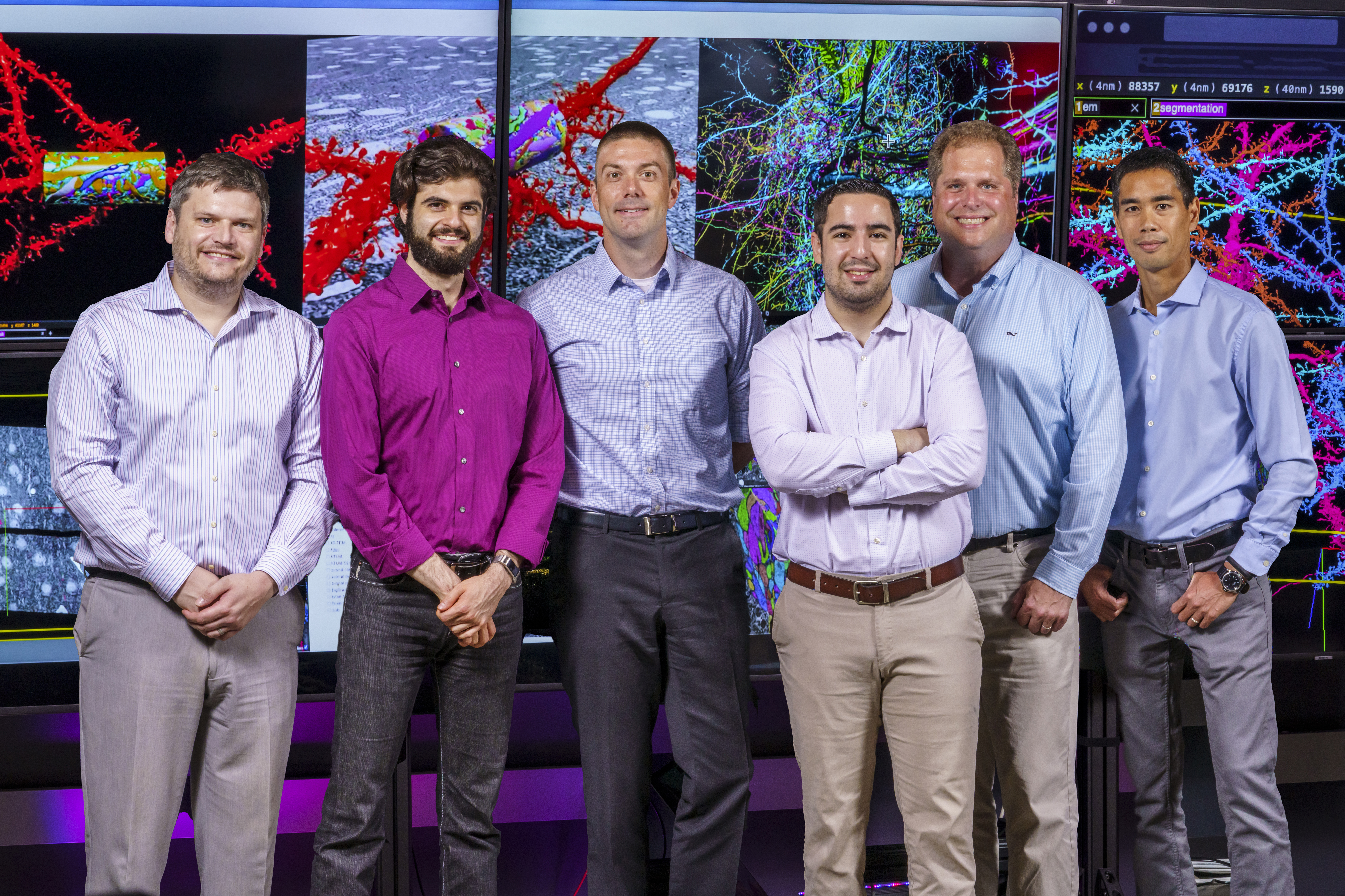 The BossDB team at APL (from left): Will Gray Roncal, Jordan Matelsky, Brock Wester, Daniel Xenes, Sandy Hider and Timothy Gion.  Credit: Johns Hopkins APL/Craig Weiman
