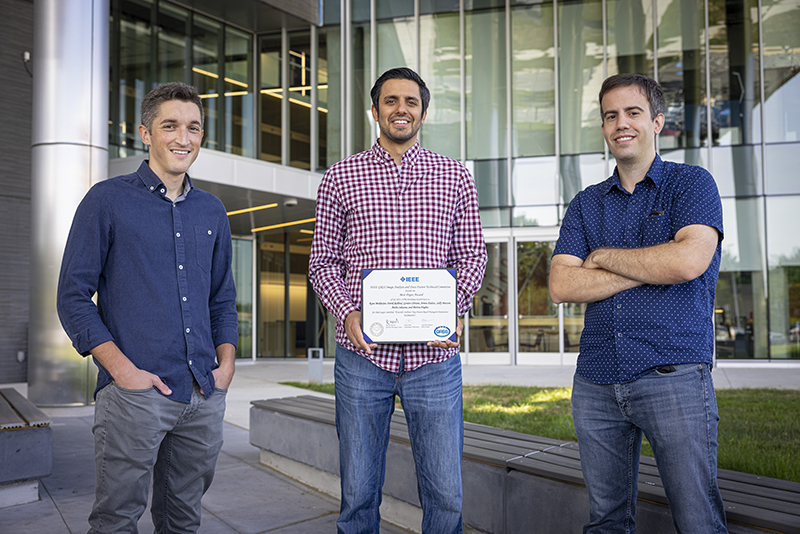 Johns Hopkins APL’s first publication related to Climate TRACE earned the award for Best Paper in the EarthVision Workshop track at the IEEE Computer Vision and Pattern Recognition 2021 Conference. From left: Derek Rollend, Ryan Mukherjee and Gordon Christie. Not pictured: Marisa Hughes, Anshu Saksena, Sally Matson and Armin Hadzic.  Credit: Johns Hopkins APL/Ed Whitman