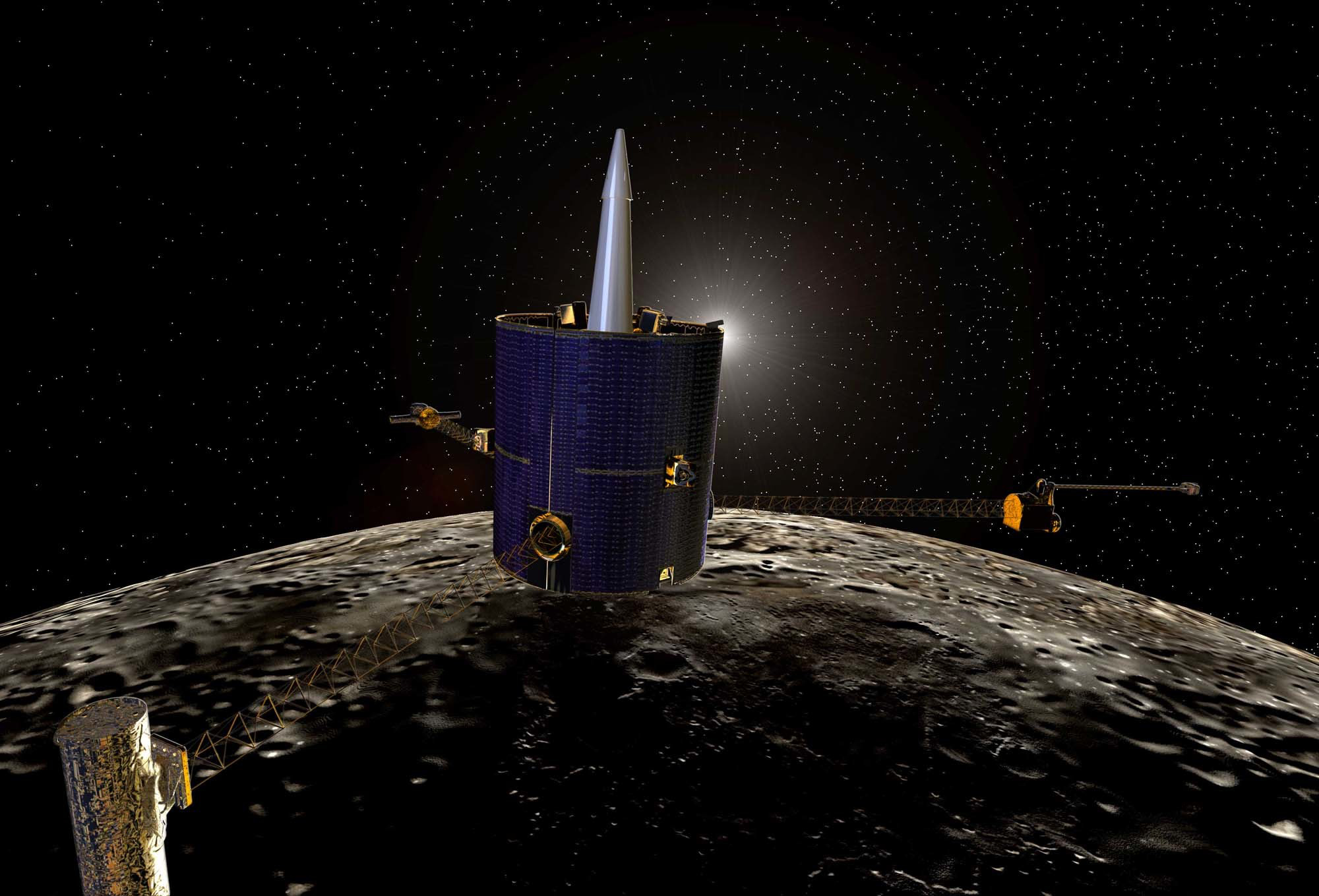 An artist’s concept of NASA’s Lunar Prospector spacecraft as it cruises above the Moon’s surface.
