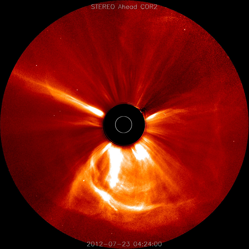 An image captured by NASA’s STEREO mission, which Johns Hopkins APL leads, of a coronal mass ejection (CME) on July 23, 2012.