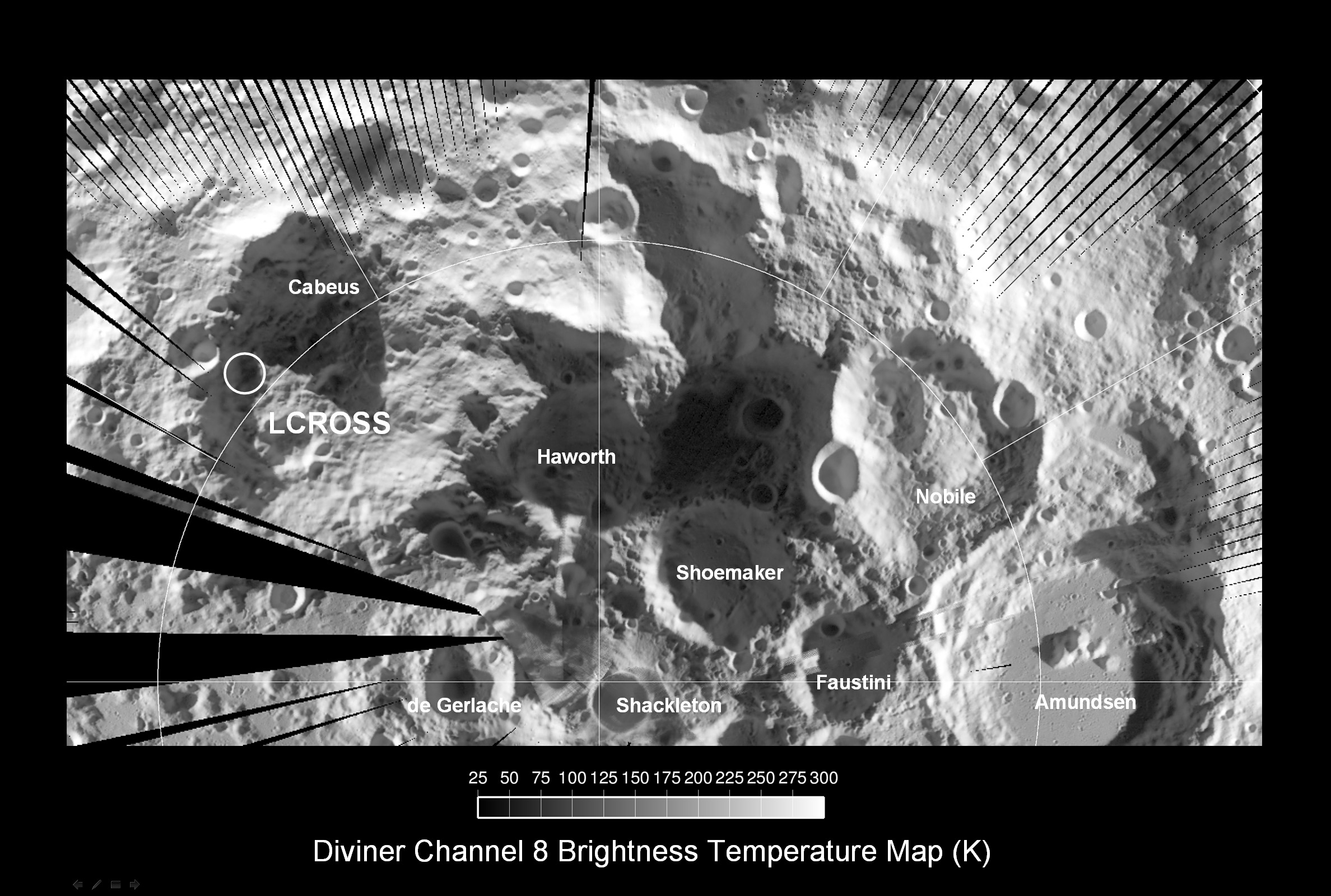 A temperature map (in degrees Kelvin) of the lunar South Pole 