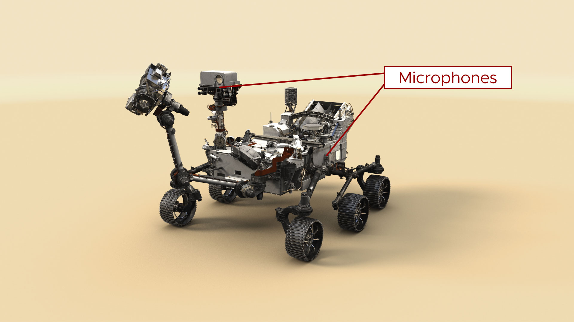 Illustration of NASA’s Perseverance Mars rover indicates the placement of the spacecraft’s two microphones