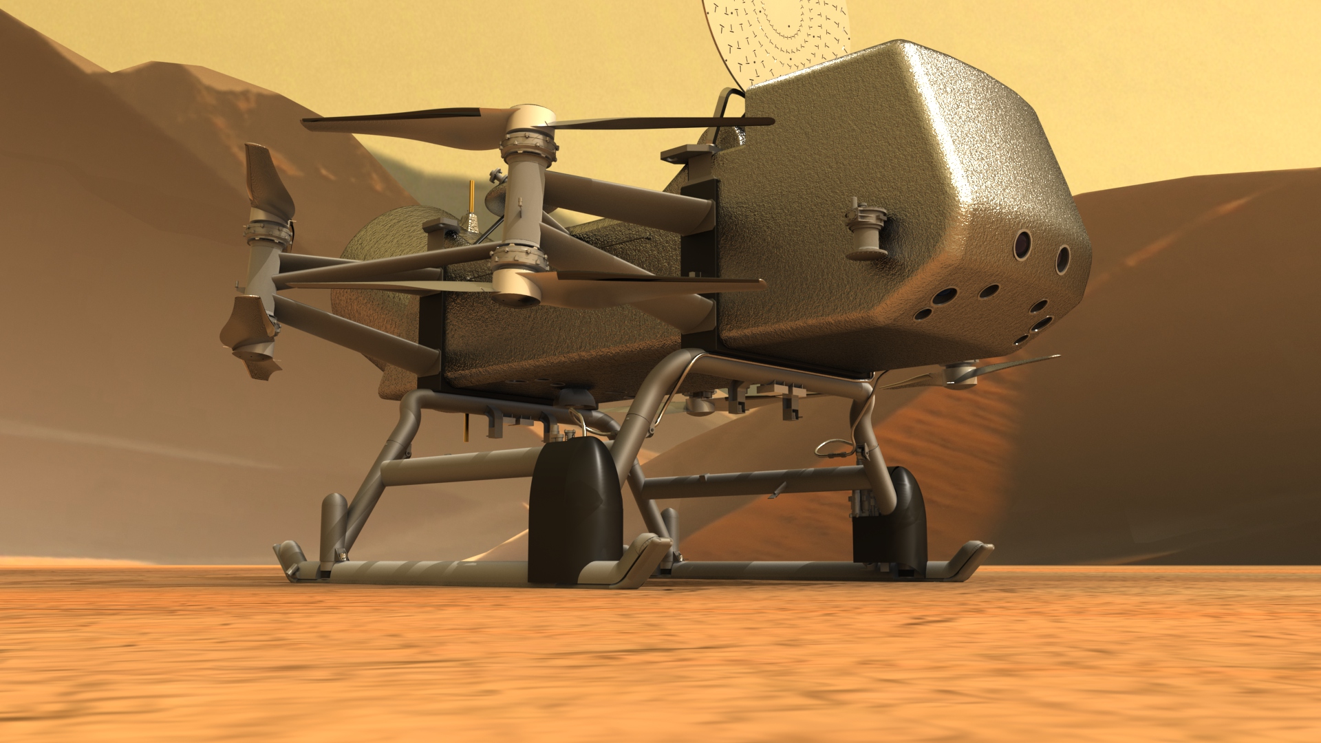 Artist’s impression of NASA’s Dragonfly rotorcraft-lander on the surface of Saturn’s moon Titan