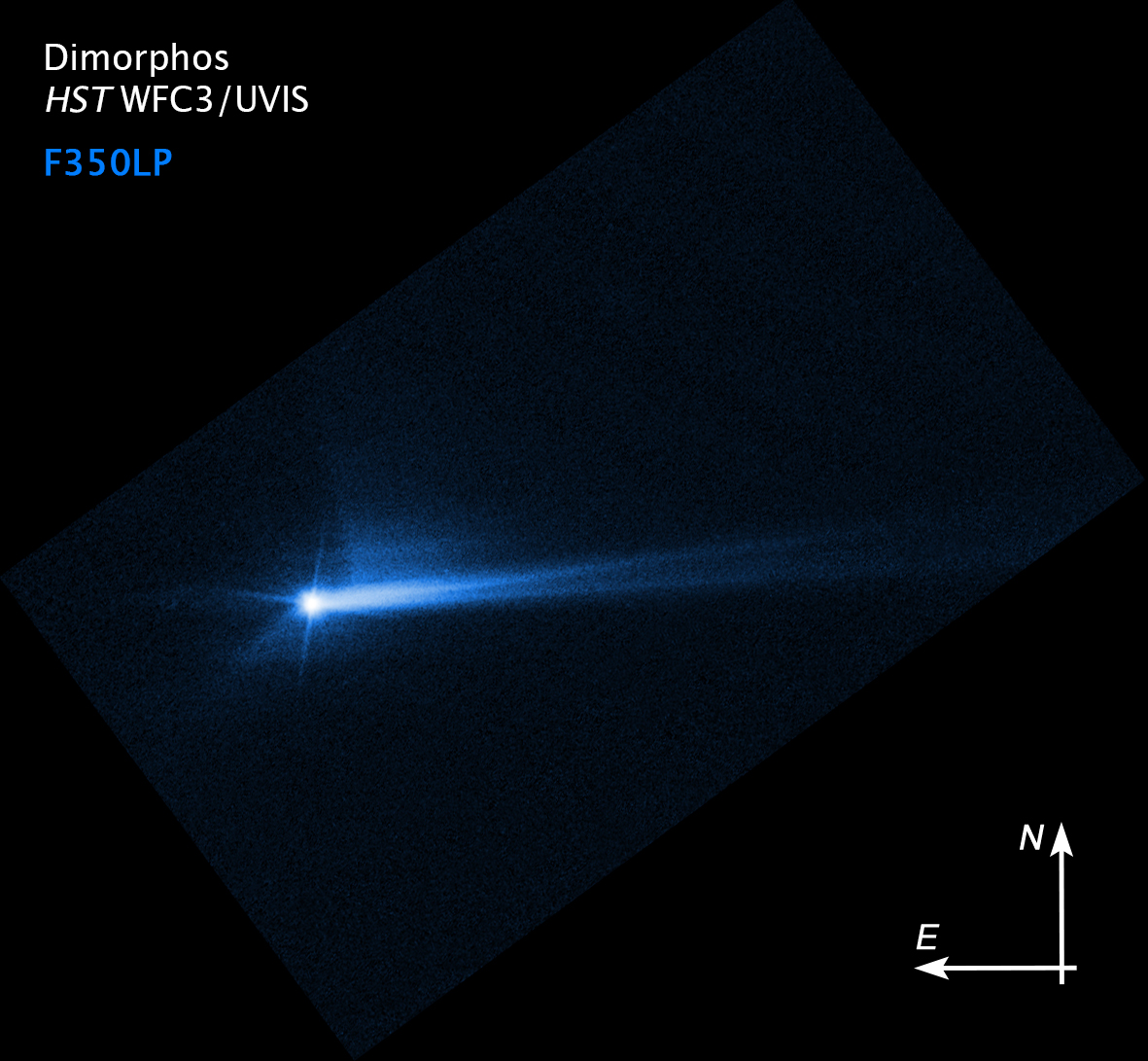 Imagery from NASA's Hubble Space Telescope showing the debris blasted from the surface of Dimorphos 285 hours after the asteroid was intentionally impacted by NASA's DART spacecraft