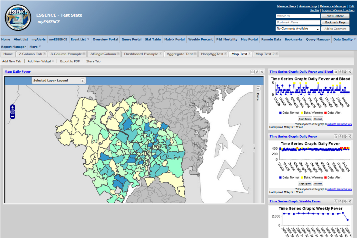 A myESSENCE dashboard example using simulated data.