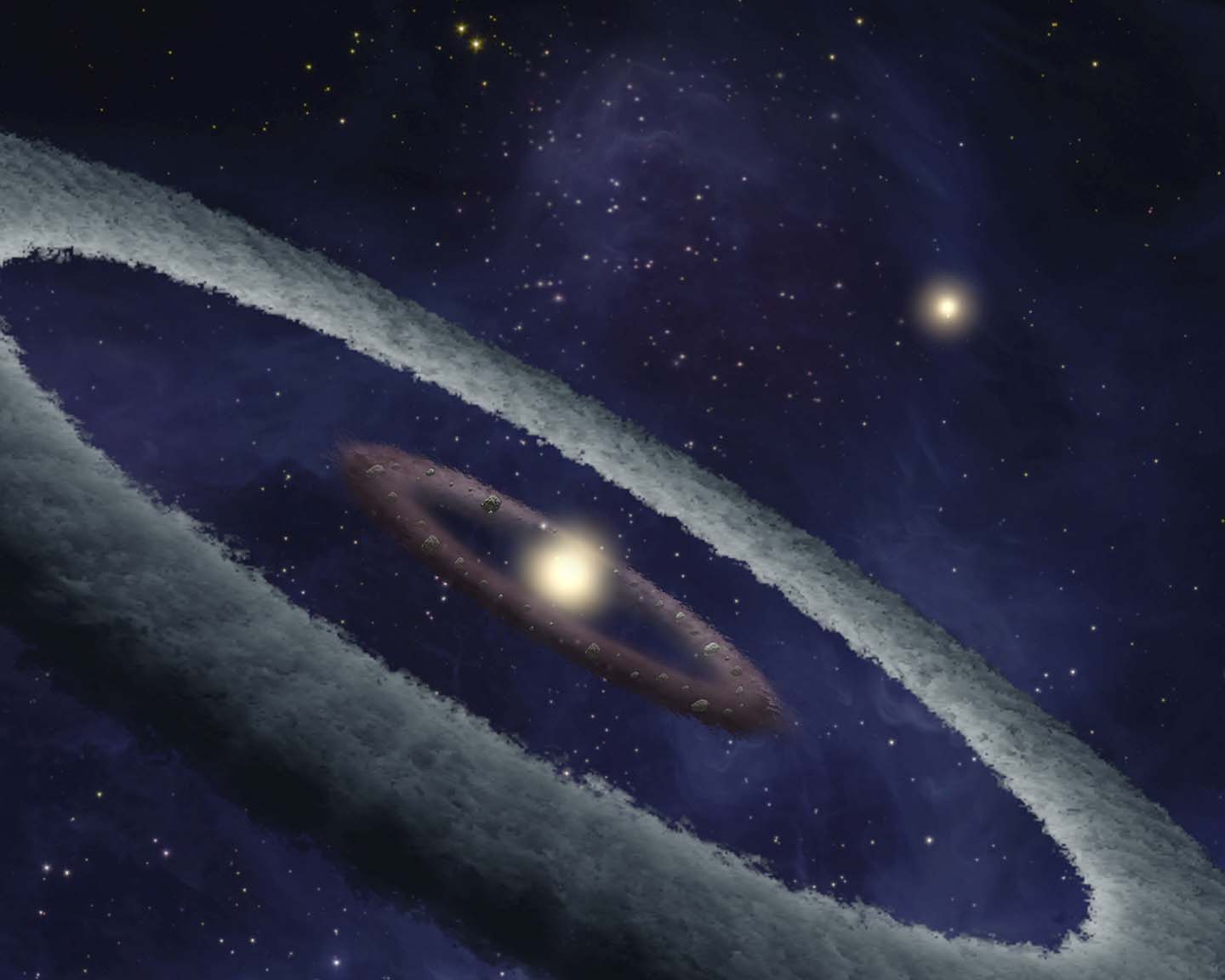 This artist's conception shows a binary-, or two-star, system, called HD 113766, where astronomers suspect a rocky Earth-like planet is forming around one of the stars.
