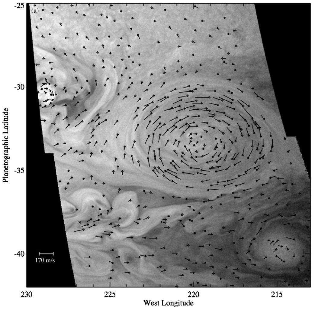 Wind vectors in Jupiter&#039;s Little Red Spot measured from the New Horizons Long Range Reconnaissance Imager (LORRI) frames, plotted on the first time step