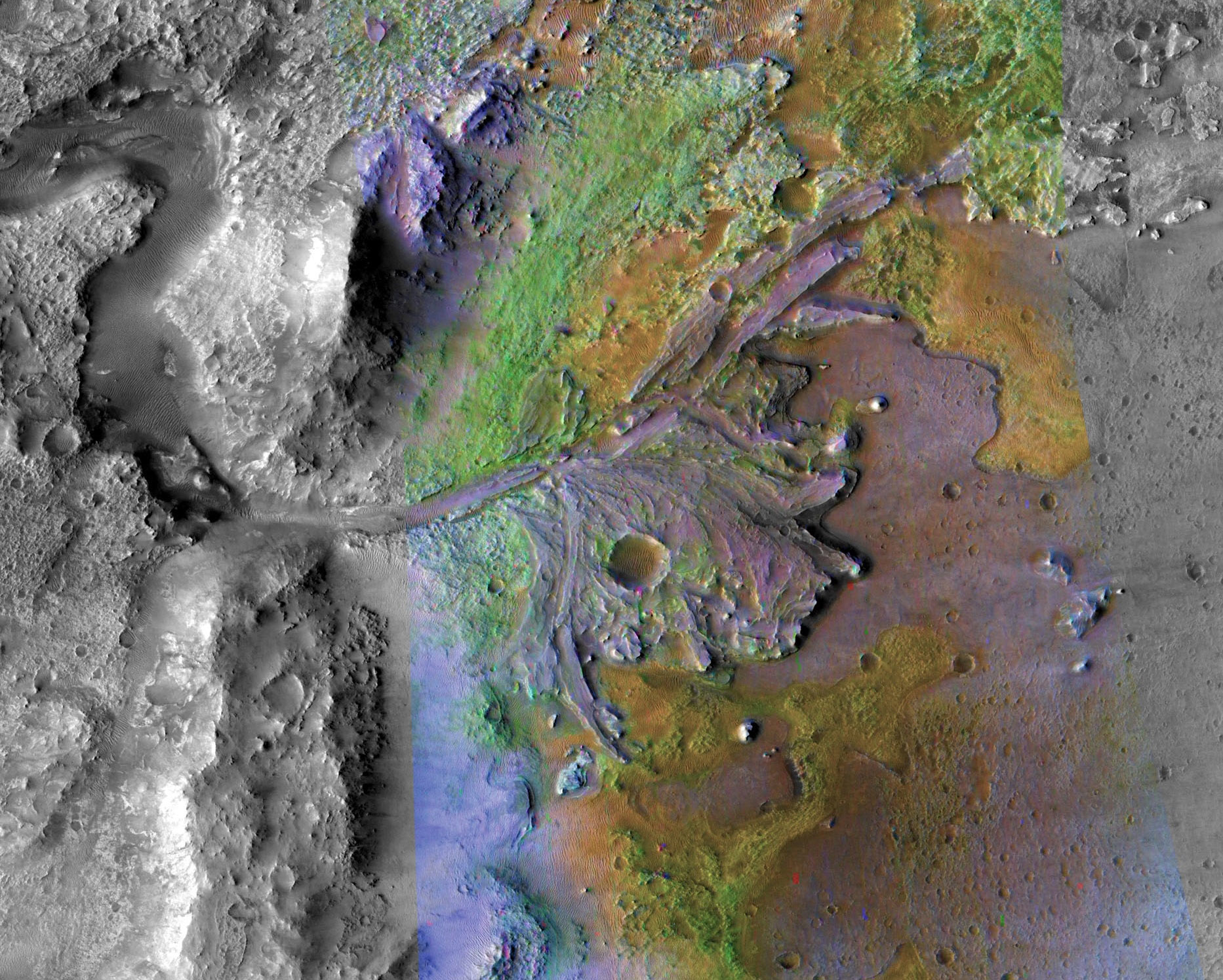 A color-enhanced image of the delta in Jezero Crater, which once held a lake