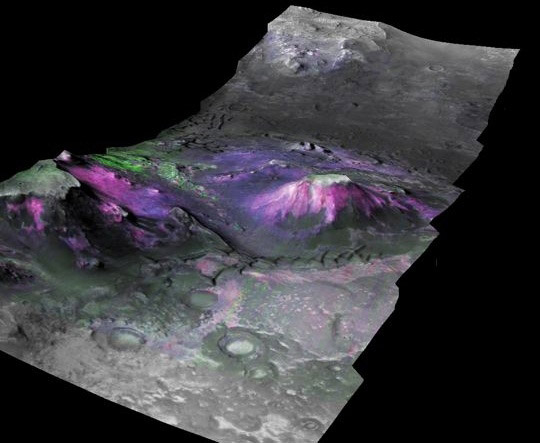 This three-dimensional image of a trough in the Nili Fossae region of Mars shows a type of minerals called phyllosilicates (in magenta and blue hues) concentrated on the slopes of mesas and along canyon walls.
