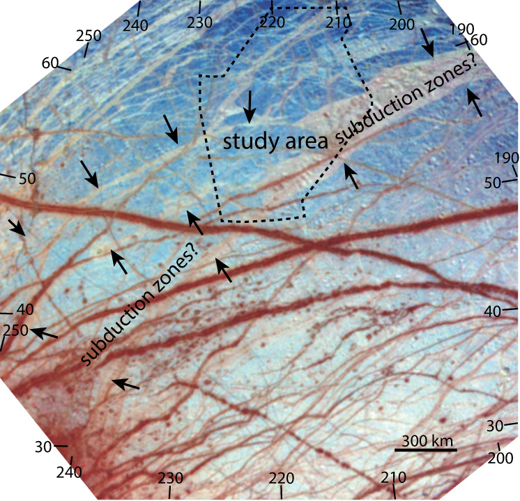 false-color image of the trailing northern hemisphere on Jupiter's moon Europa