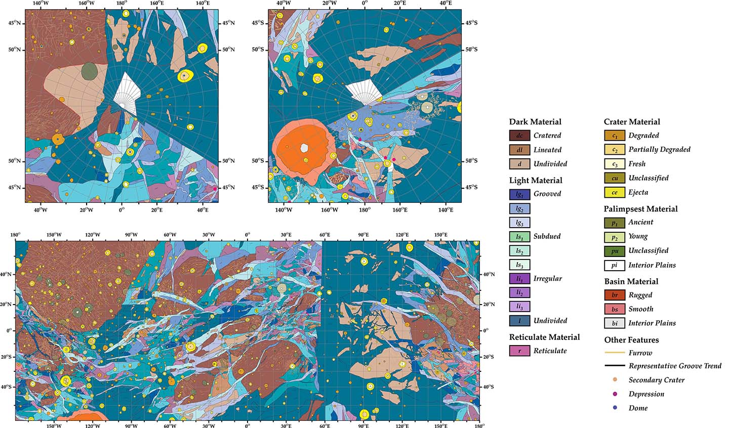 Geological map of Ganymede, largest moon of Jupiter.